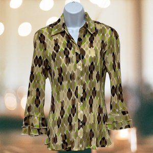 Women's Small Blouse Button Down V-Neckline Flare Sleeve Design By-Dressbarn